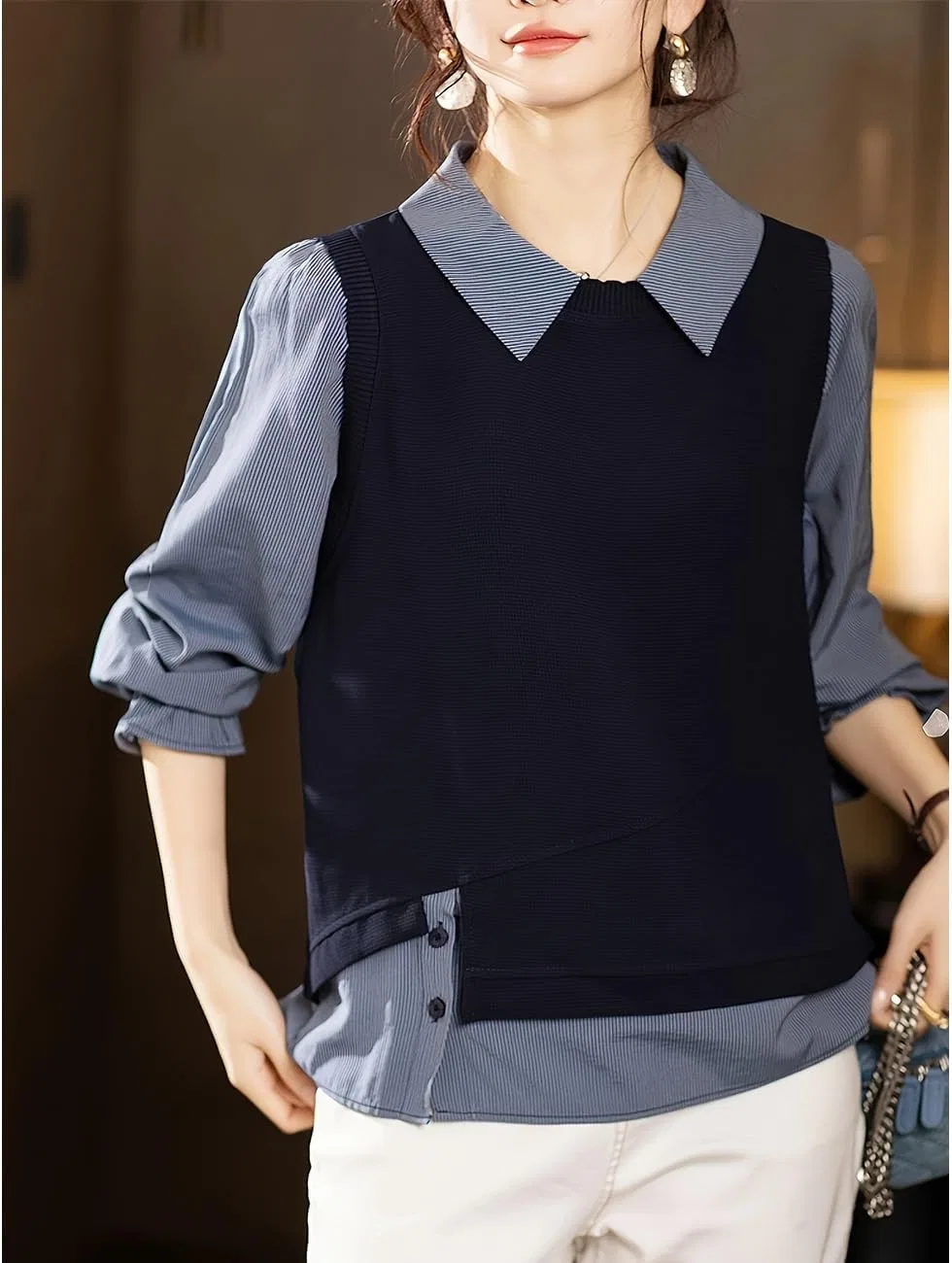 Блуза с жилетом, полосатая, Women's Blouse, Layered Style, Striped, Switchable Top, Long Sleeve, Beautiful, Mature Cute, Slimming, Body Cover, Office, Commuting, Spring, Autumn, Navy, vivid pink — фото 3