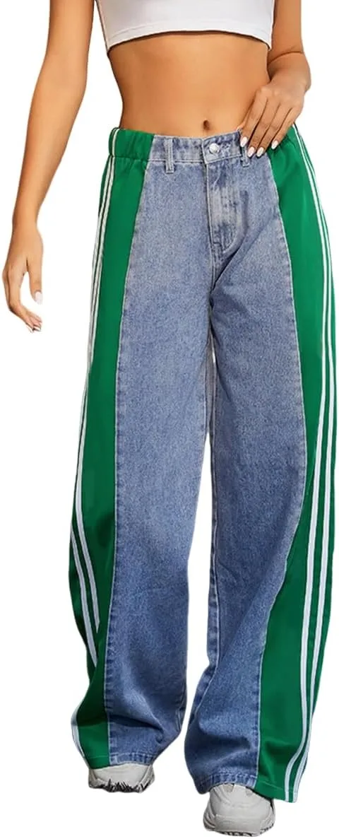 

Женские джинсы high waisted с пачворком и полосками, прямые, широкие CHEZVOGUE