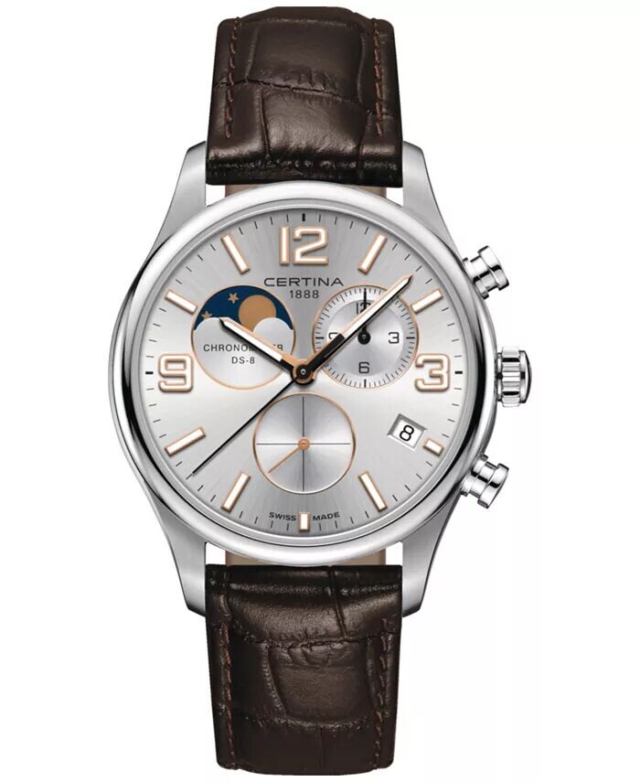 

Мужские швейцарские часы с хронографом DS-8 Moon Phase, коричневый кожаный ремешок, 42 мм Certina