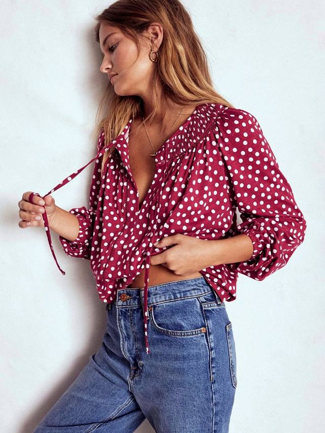 

Джерси Georgia в горошек с присборенной горловиной Boden, Chestnut/Ivory