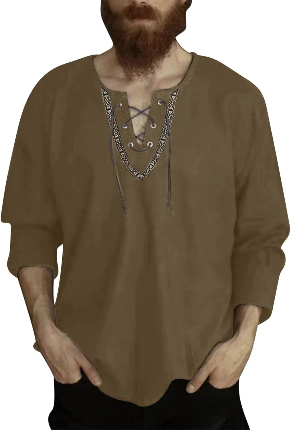 

Мужская футболка с длинным рукавом и V-образным вырезом, свободного кроя, из льна, в винтажном стиле