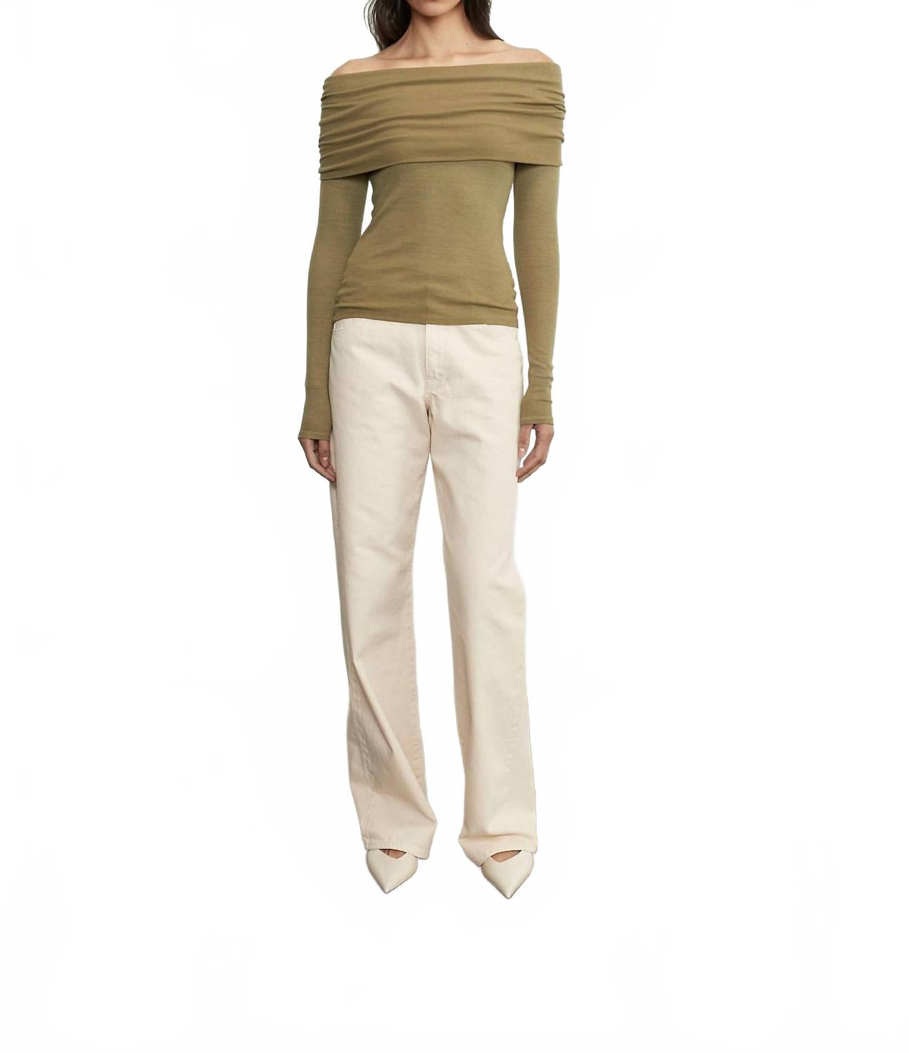 

Шелковый топ в рубчик с длинными рукавами и открытыми плечами цвета оливкового камня Enza Costa, Olive Stone