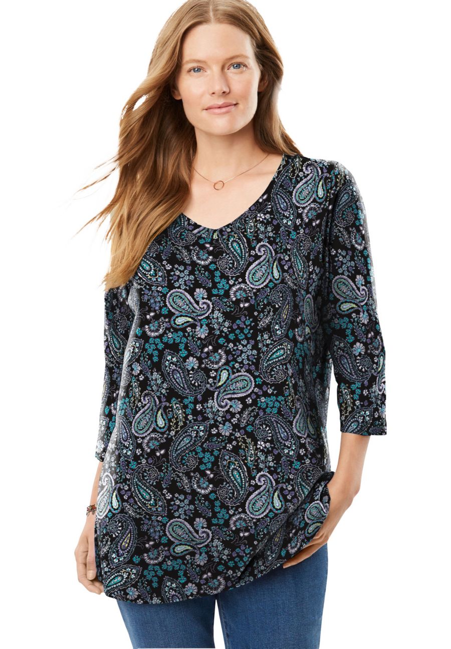 

Женская футболка Within Perfect с принтом, рукавами три четверти и V-образным вырезом Woman Within, Black paisley