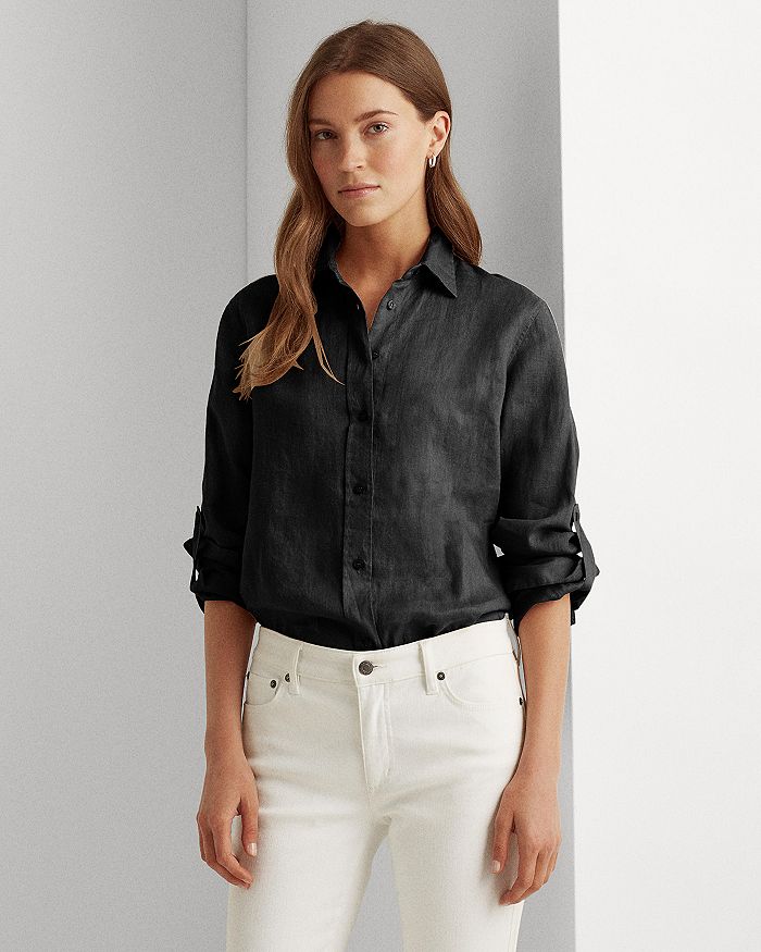 

Льняная рубашка с длинным рукавом, воротником и пуговицами, Regular & Petite Ralph Lauren, черный