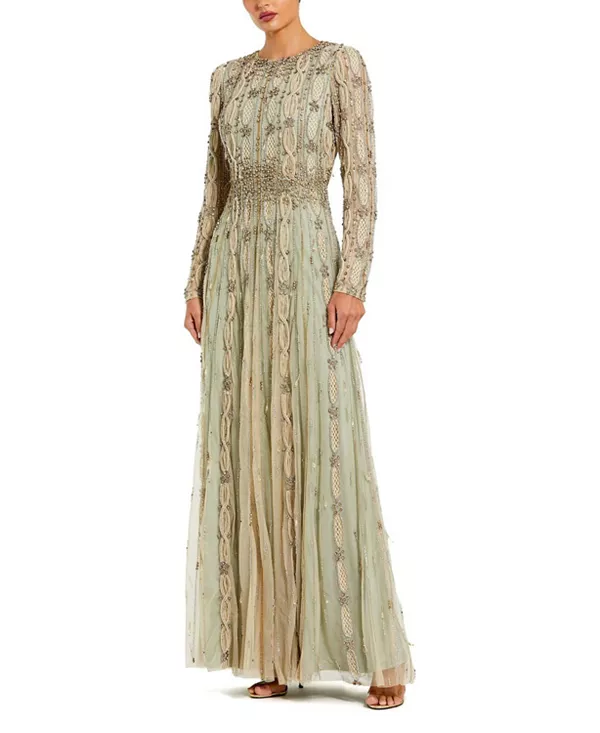 

Платье А-силуэта с длинными рукавами и отделкой из сетчатой ткани Mac Duggal, бежевый