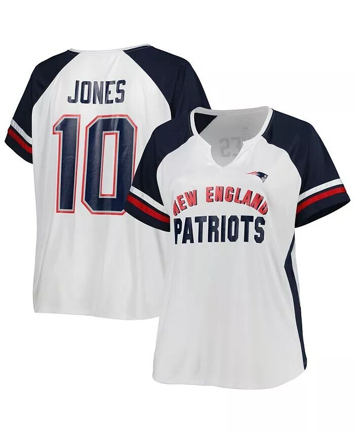 

Женская белая футболка Mac Jones New England Patriots размера плюс с вырезом в горловине Profile
