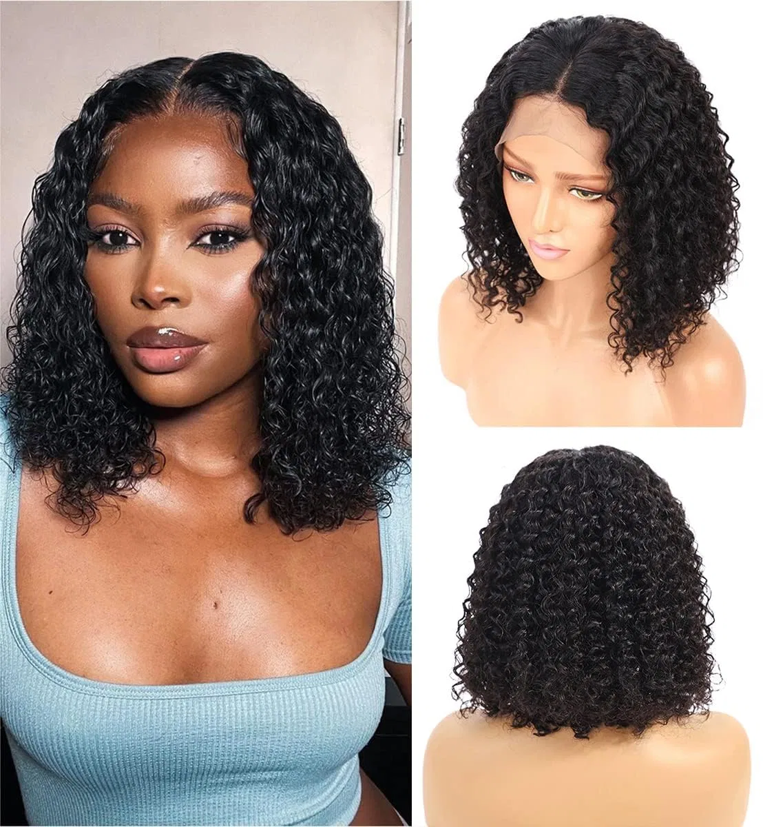 Парик из натуральных волос 13 x 4 Lace Wig Deep Wave Curly, 10 дюймов, 150% плотность Ifly, Natural Black Curly Bob Wig
