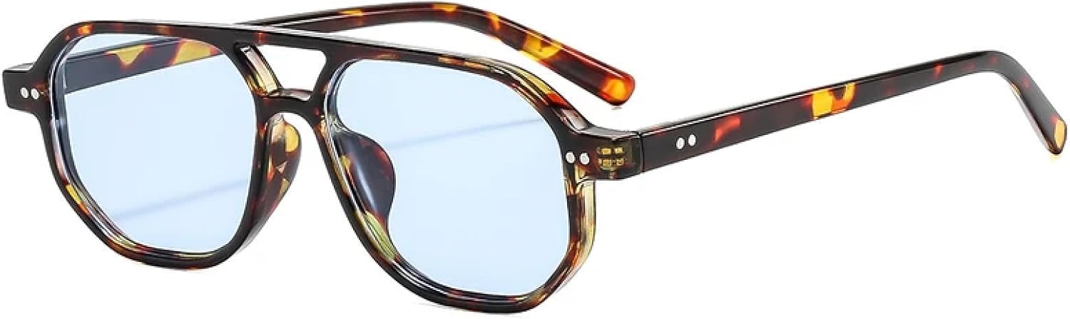 

Винтажные мужские солнцезащитные очки с двойной перемычкой и многоугольными линзами, модные женские очки с прозрачными линзами Ocean Lens и заклепками, защита от УФ-излучения UV400 VFDHN, Leopard Blue