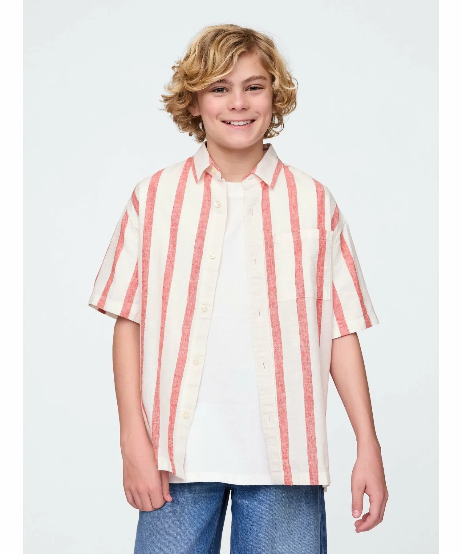 (K) Свободная рубашка из хлопка и льна (детская) GAP, RED_STRIPES