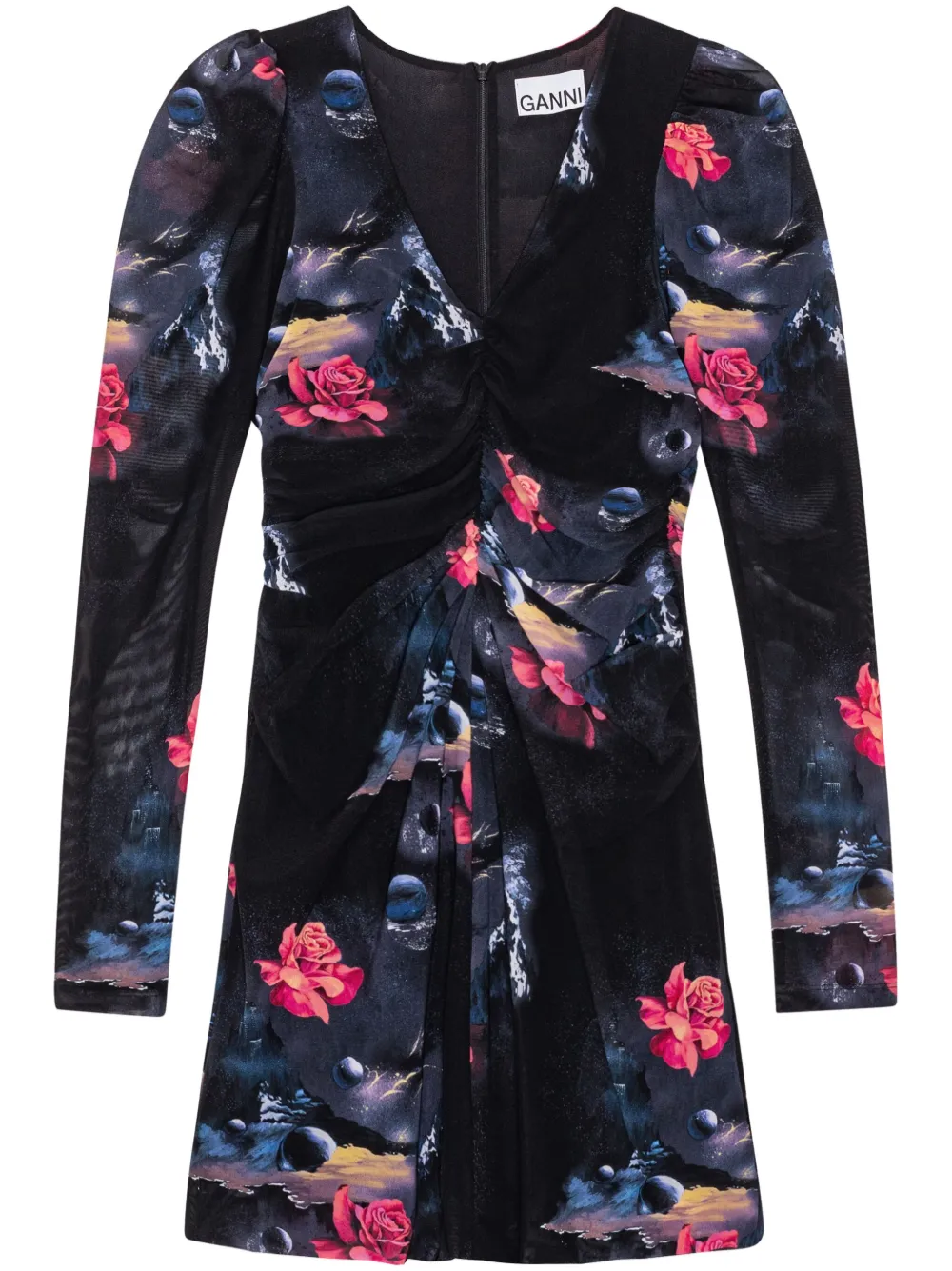 

Платье мини с графичным принтом и сборками GANNI, черный
