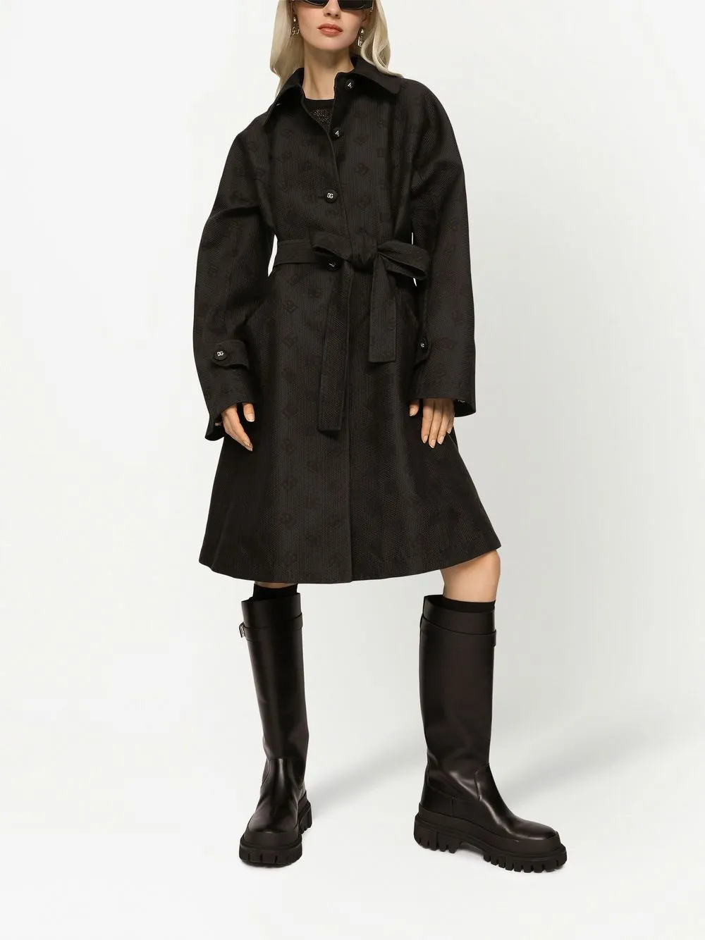Жаккардовое пальто с поясом и логотипом DG DOLCE & GABBANA, черный — фото 2