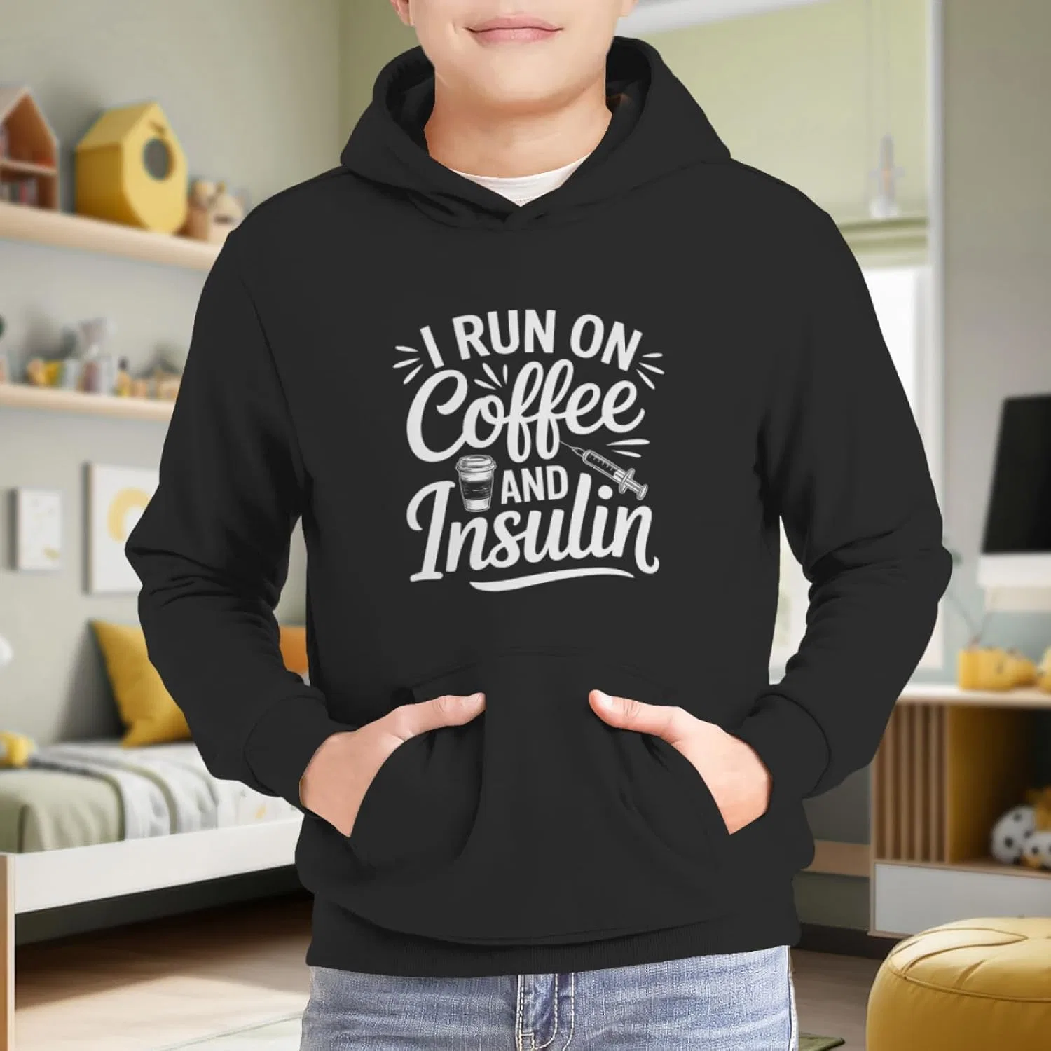 Детская худи с капюшоном Funny I Run On Coffee And Insulin, HEAPPER, белый — фото 2