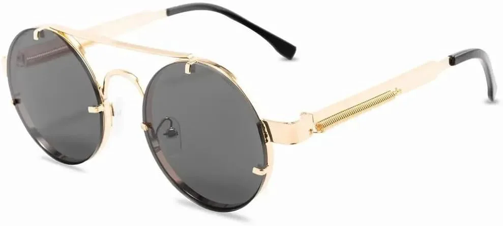 

Винтажные солнцезащитные очки в стиле панк для женщин и мужчин, ретро, ​​круглая металлическая оправа, летние и весенние очки для вождения KTUCN, Gold Gray