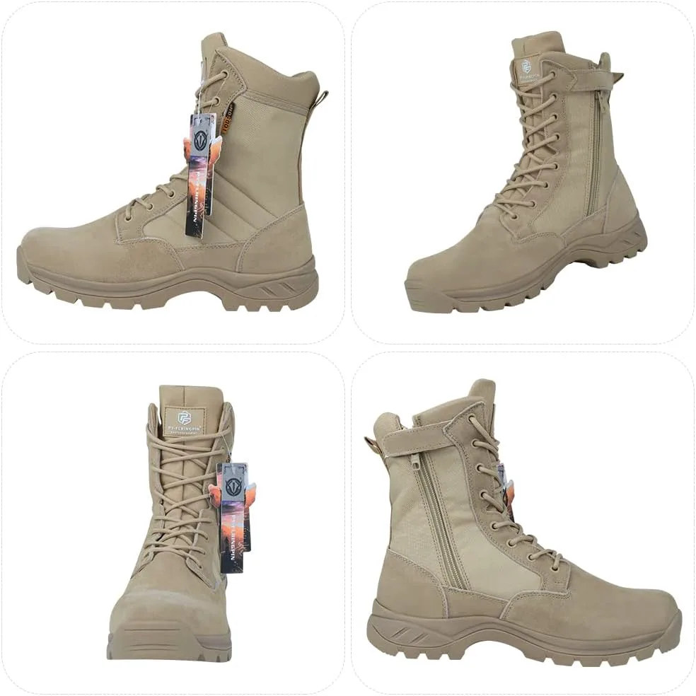 

Мужские тактические ботинки QUNLON, 8 дюймов, рабочие ботинки, легкие военные ботинки, кожаные уличные ботинки, водонепроницаемые походные ботинки с боковой молнией, черные/песочные