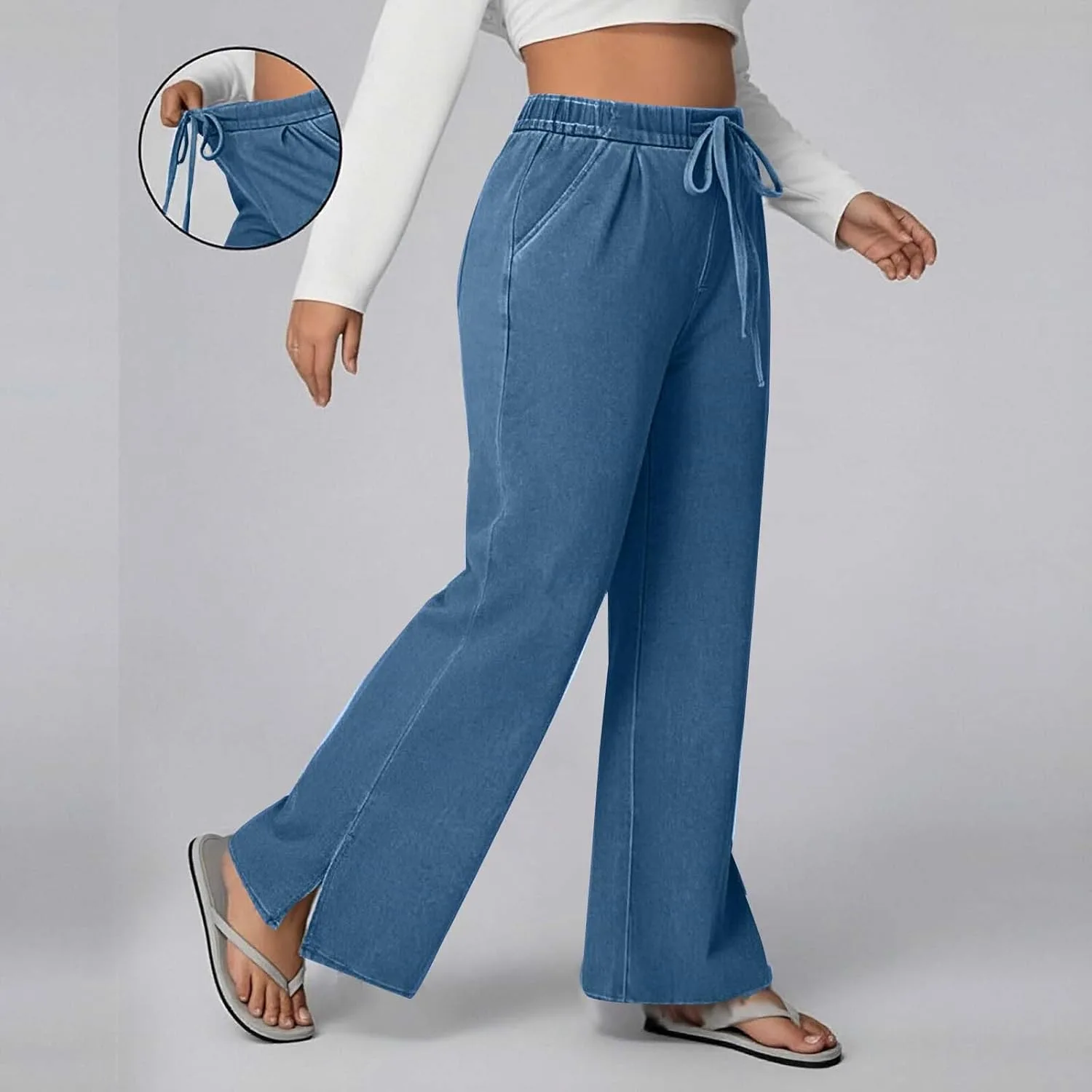 Джинсы Plus Size с боковым разрезом и эластичным поясом — фото 4