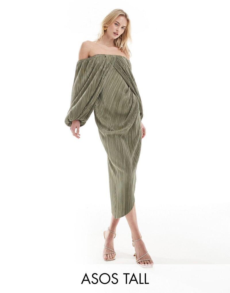 

Плиссированное платье миди с открытой спиной ASOS DESIGN Tall мягкого цвета хаки