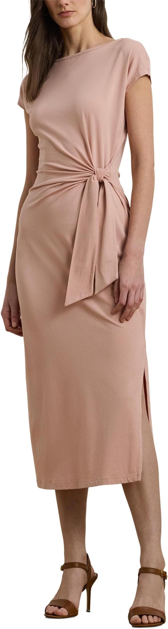 

Платье Lauren Ralph Lauren Tie-Front Jersey Boatneck Midi Dress, цвет Sunrise Blush