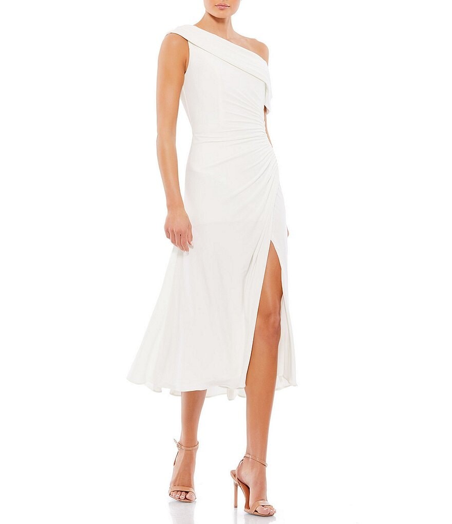 

Ieena for Mac Duggal асимметричное трикотажное платье миди на одно плечо с высоким разрезом, белый