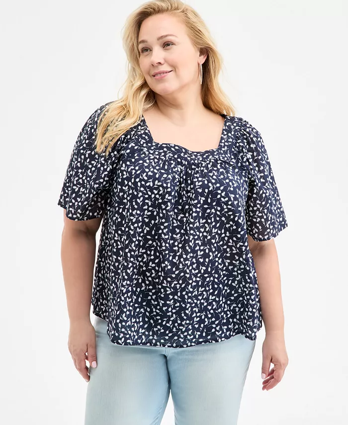 

Топ с квадратным вырезом и принтом, Plus Size Style & Co, мультиколор