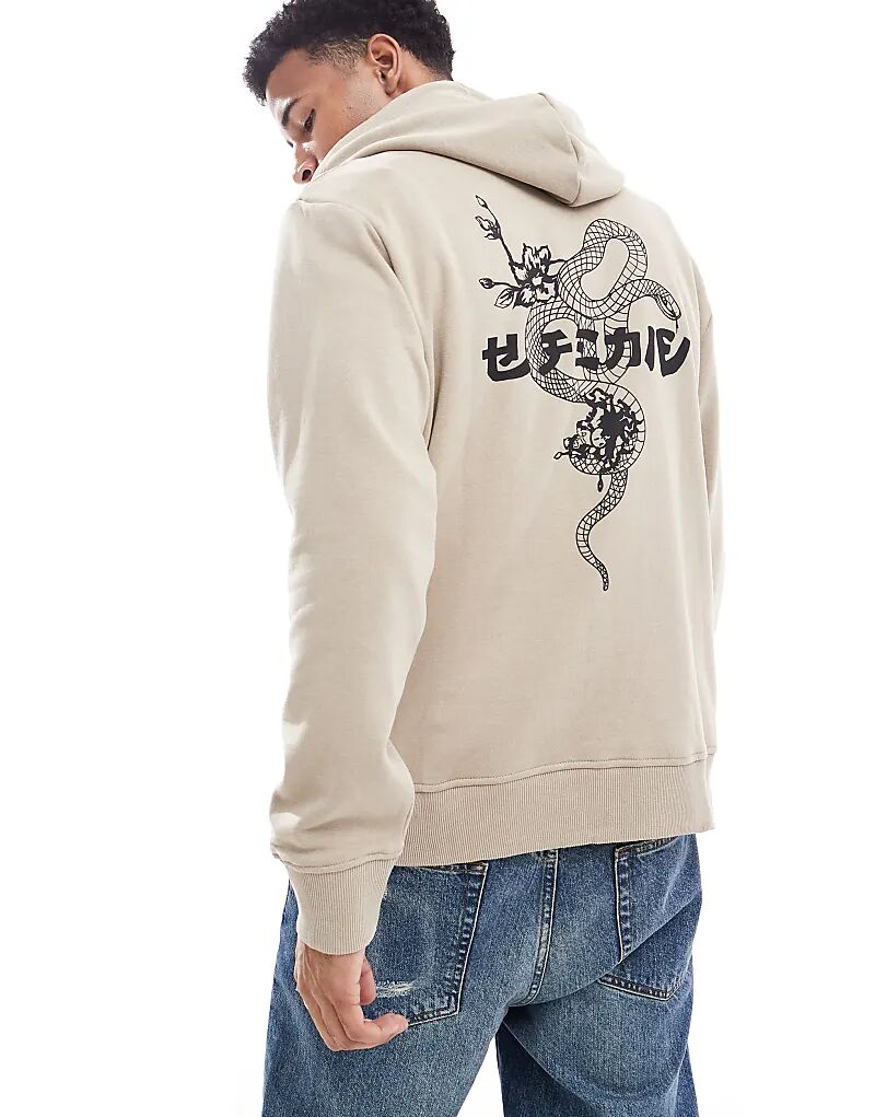 

Толстовка свободного кроя с принтом змеи на спине бежевого цвета Jack & Jones