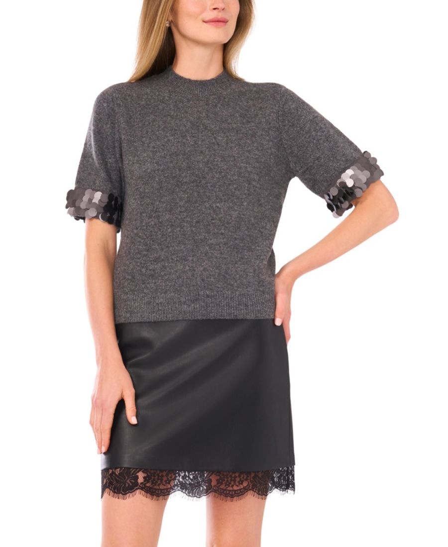 

Женский свитер с коротким рукавом и воротником-стойкой, украшенным пайетками на манжетах Vince Camuto, Medium Heather