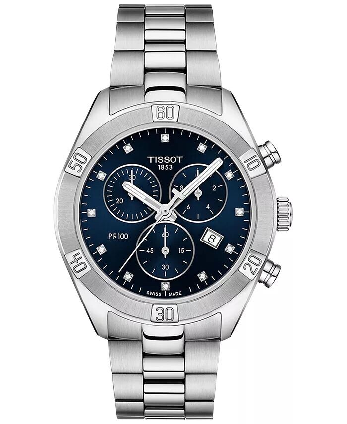 

Женские швейцарские часы с хронографом T-Classic PR 100 Diamond (1/20 карата t.w.), серые часы-браслет из нержавеющей стали, 38 мм Tissot