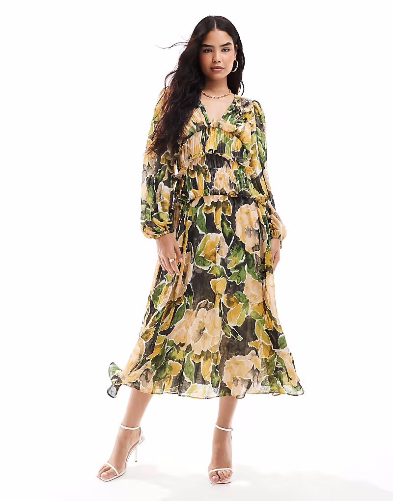 

Платье миди ASOS DESIGN с глубоким вырезом и оборками, с фактурным зеленым цветочным принтом