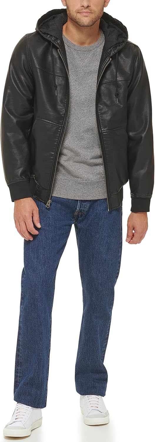 Мужская куртка-бомбер Levi's из искусственной кожи с капюшоном и отделкой из коровьей кожи, Black Quilted Lining — фото 3