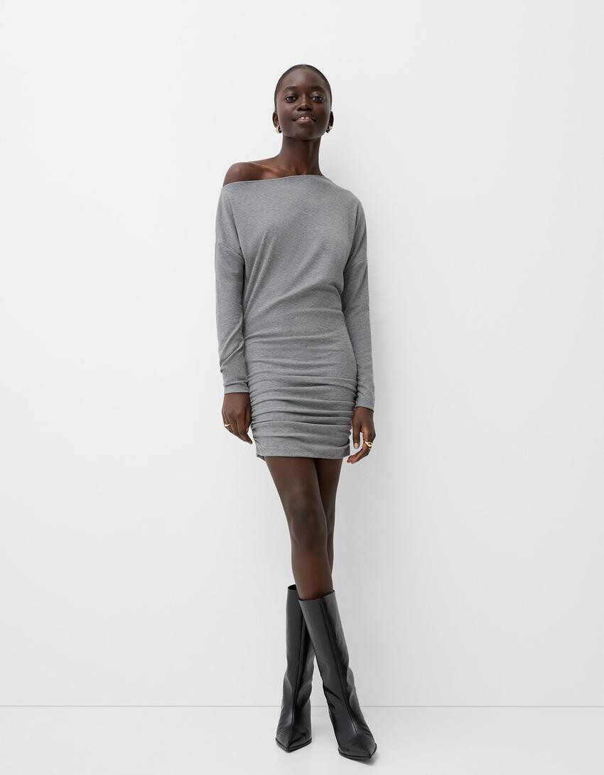 

Асимметричное платье с длинными рукавами Bershka, серый