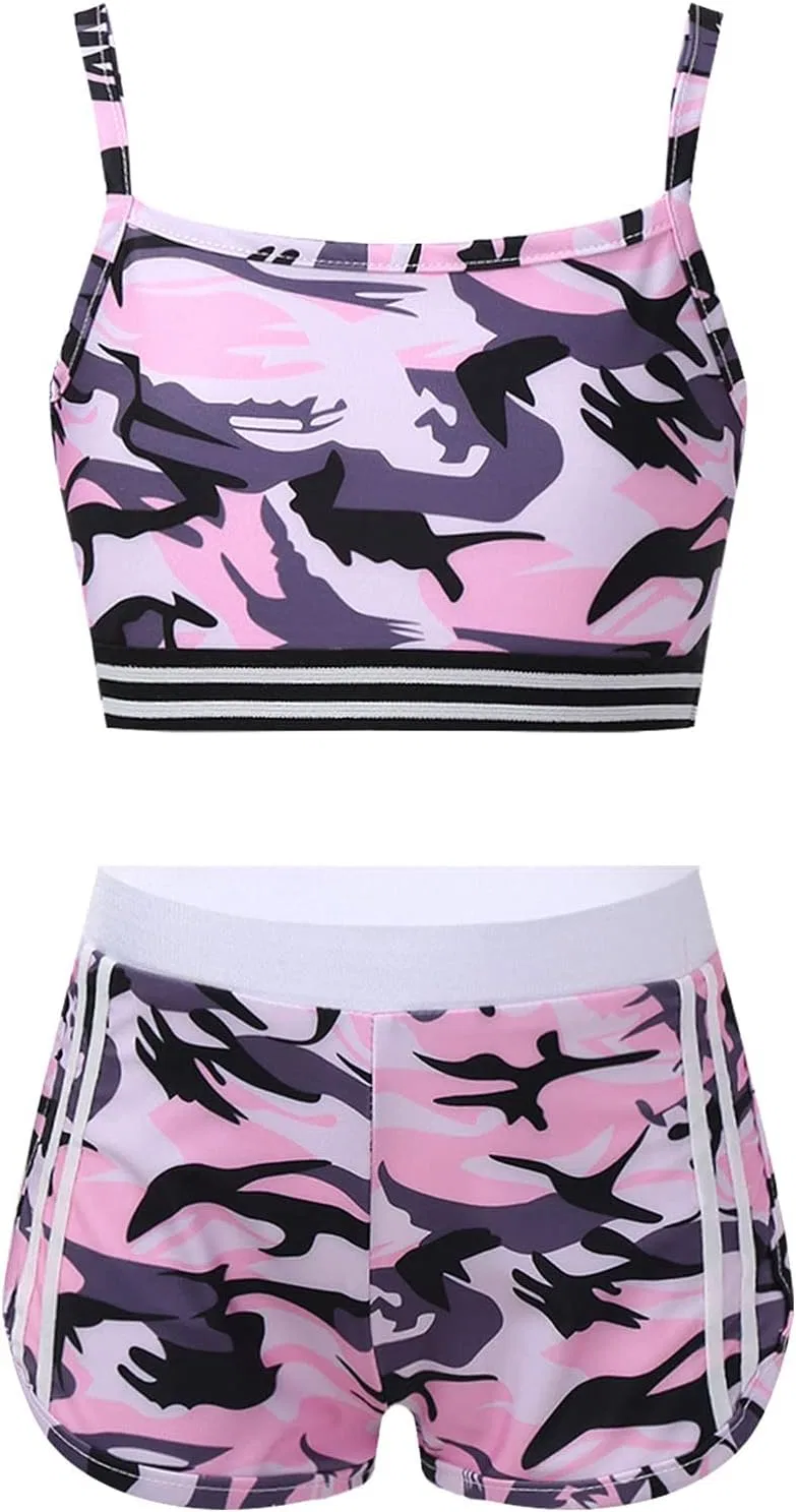 Детский спортивный костюм с блестками Alvivi, топ и шорты, Camo Pink