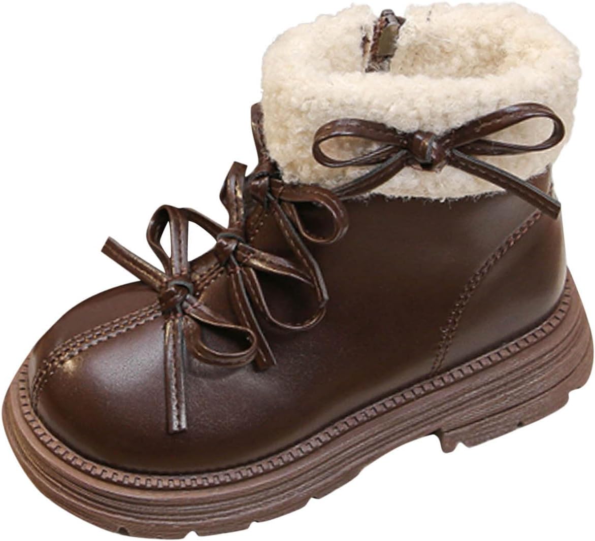 

Детские кожаные ботинки для девочек 3,5-10Т, зимние, с теплым флисовым и шерпа подкладкой, молния сбоку, с нескользящей подошвой, с круглым носком и бантиком Generic, Brown