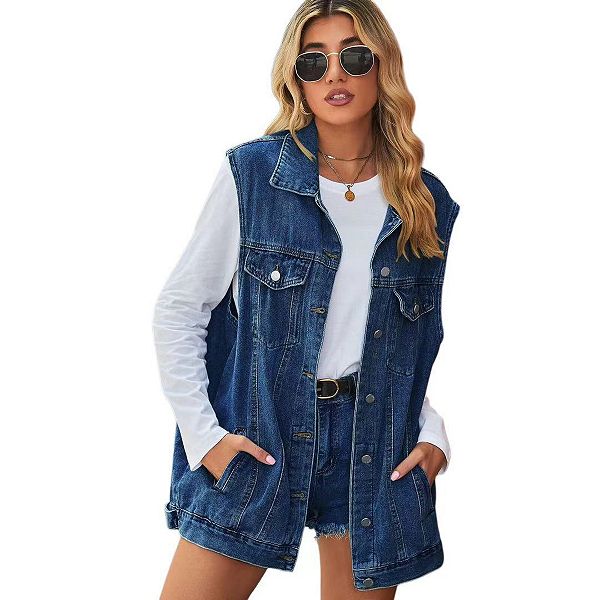 

Женский джинсовый жилет oversize миди с потертостями Hallih Burton, Dark Blue