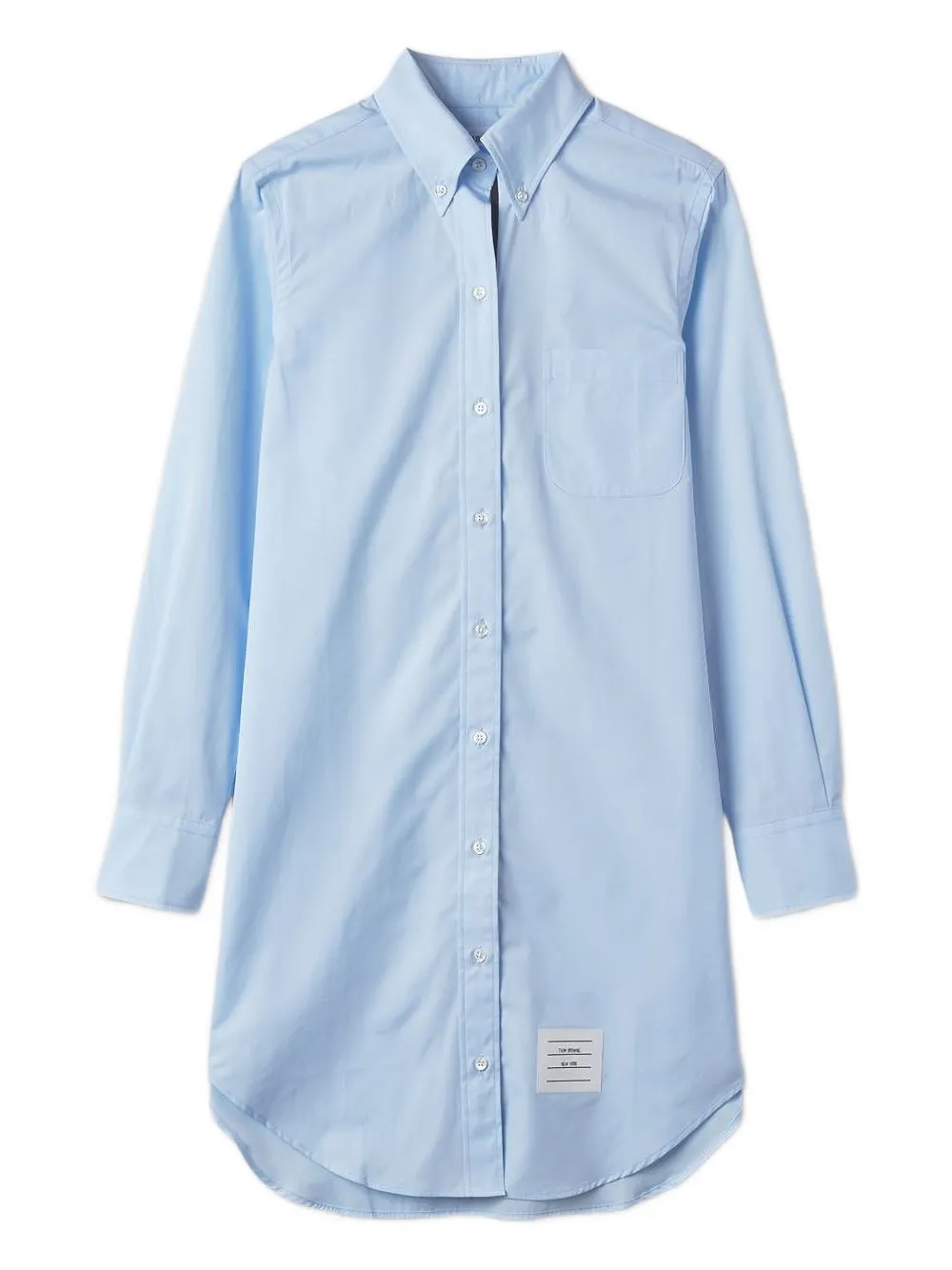 

Классическое платье-рубашка на пуговицах с длинными рукавами, отложным воротником, длиной до бедра, с планкой из репсовой ленты, из однотонного поплина THOM BROWNE, синий