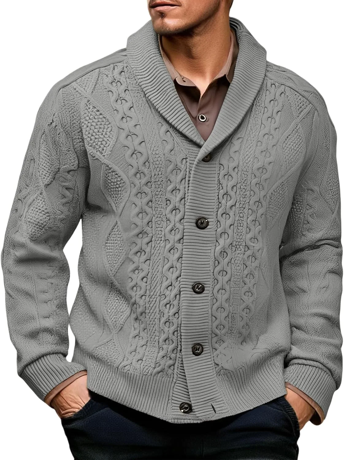 

Мужской кардиган с шальным воротником, длинный рукав, кабельная вязка, размеры M-3XL Henlvie