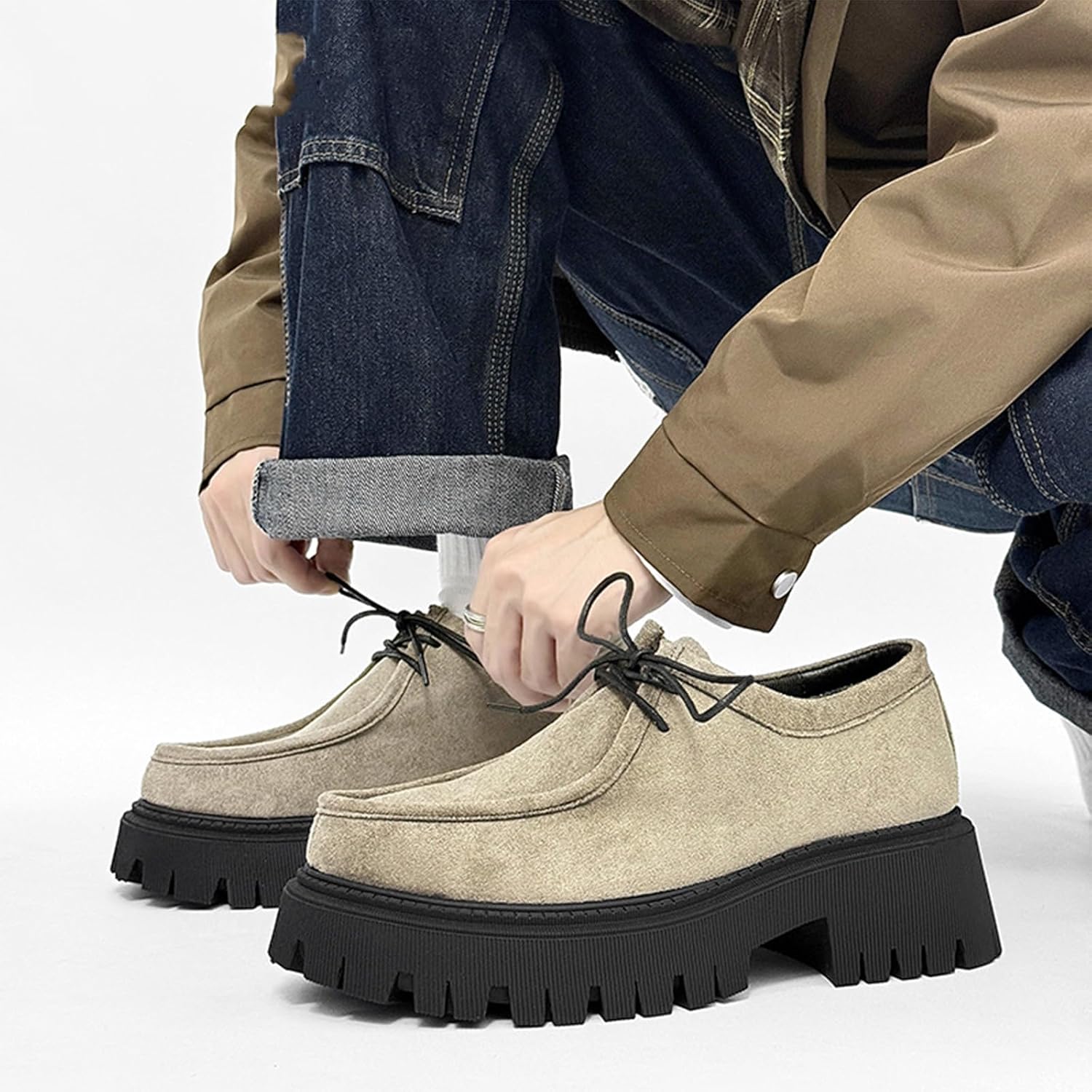 Мужские замшевые оксфорды-мокасины на шнуровке с высокой подошвой, удобные и дышащие, бизнес-кэжуал, для работы в офисе и повседневной носки на улице Bzikbge, хаки — фото 4