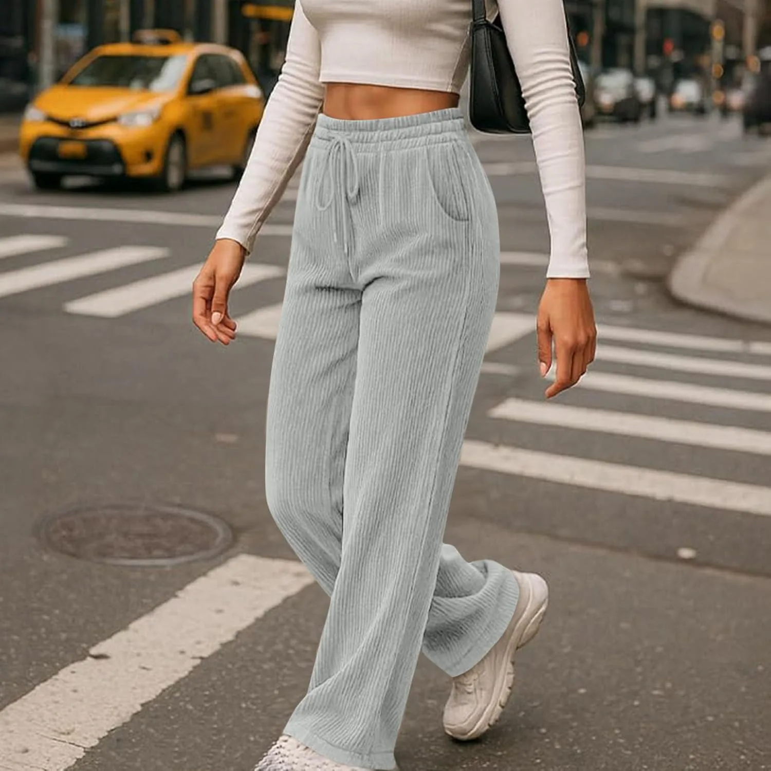 Кордюровые спортивные брюки для женщин Casual с высокой талией свободного кроя широкие брюки с карманами модные удобные штаны 2026 Generic, серый — фото 4