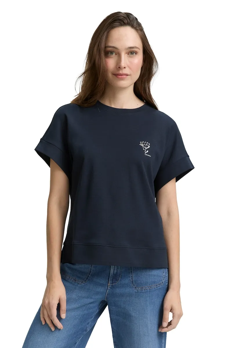 

Женская футболка с короткими рукавами, круглым вырезом и рисунком на груди Tom Tailor, темно-синий