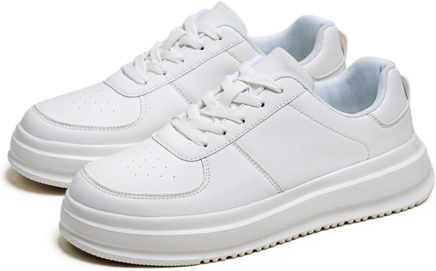 

Мужские повседневные кожаные кроссовки с толстой амортизирующей подошвой - дышащие перфорированные шнурки, противоскользящая резиновая подошва с геометрическим протектором для ежедневной ходьбы Kelibasi, белый