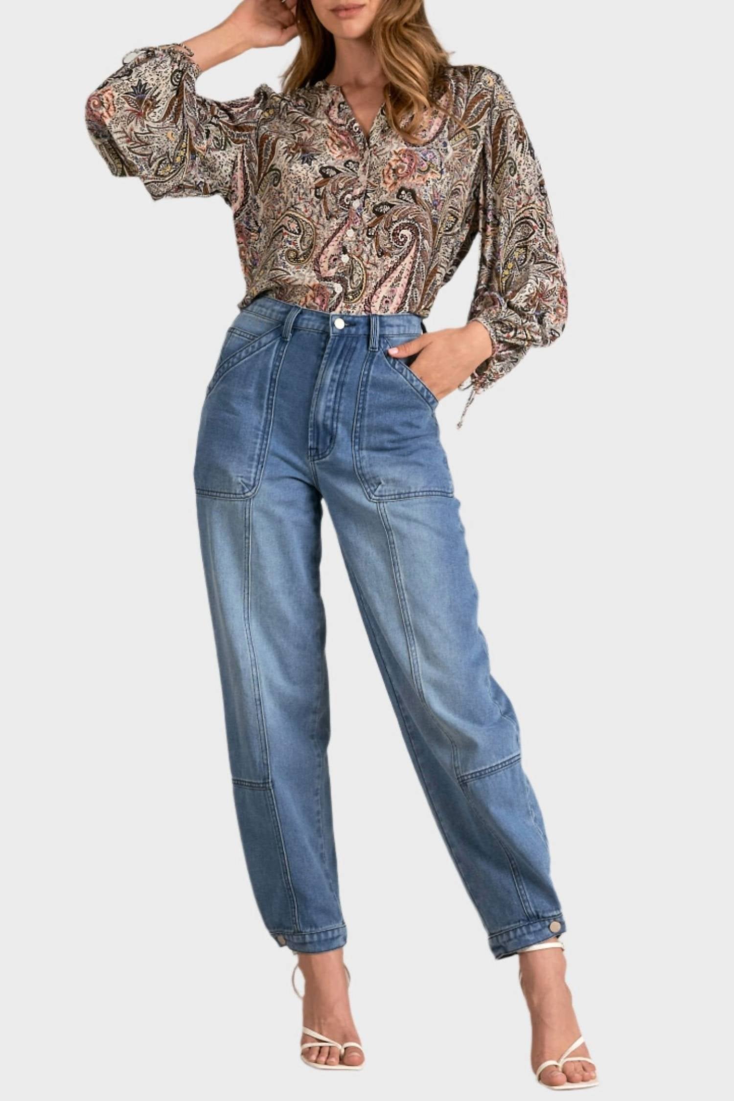 

Блузка в стиле бохо с узором пейсли бежево-оливкового цвета Elan, Beige Olive Paisley