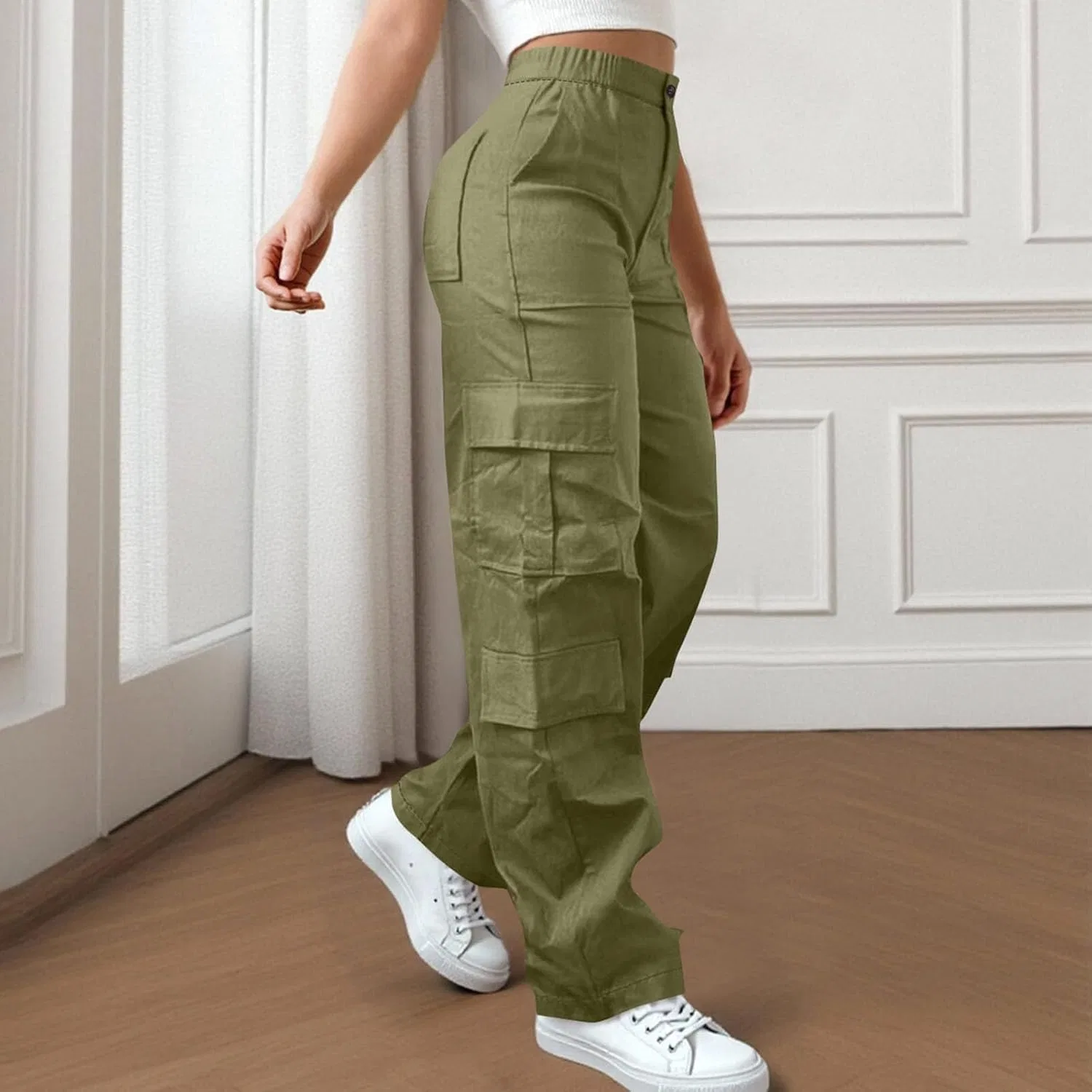 Джинсы карго свободные с высокой талией, Army Green — фото 2