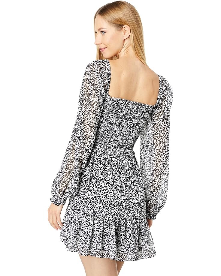 

Платье 1.STATE Long Sleeve Smocked Top Ruffle Hem Dress, черный/белый