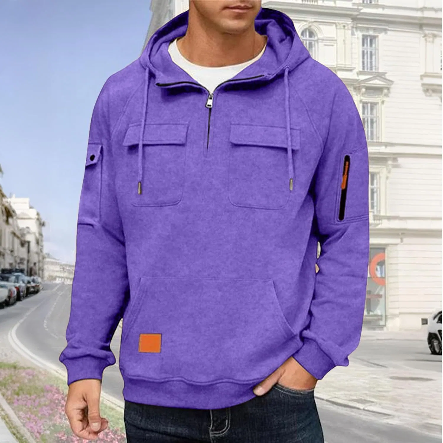 Худи мужское оверсайз с четвертью замком, мультикарманы, Purple — фото 2
