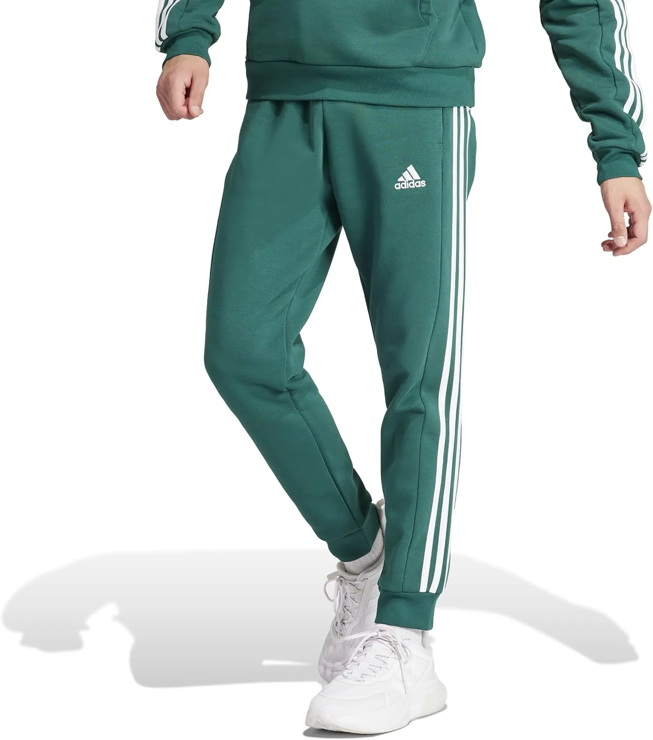 Мужские флисовые брюки Adidas Essentials с тремя полосками и зауженными манжетами, зеленый — фото 2