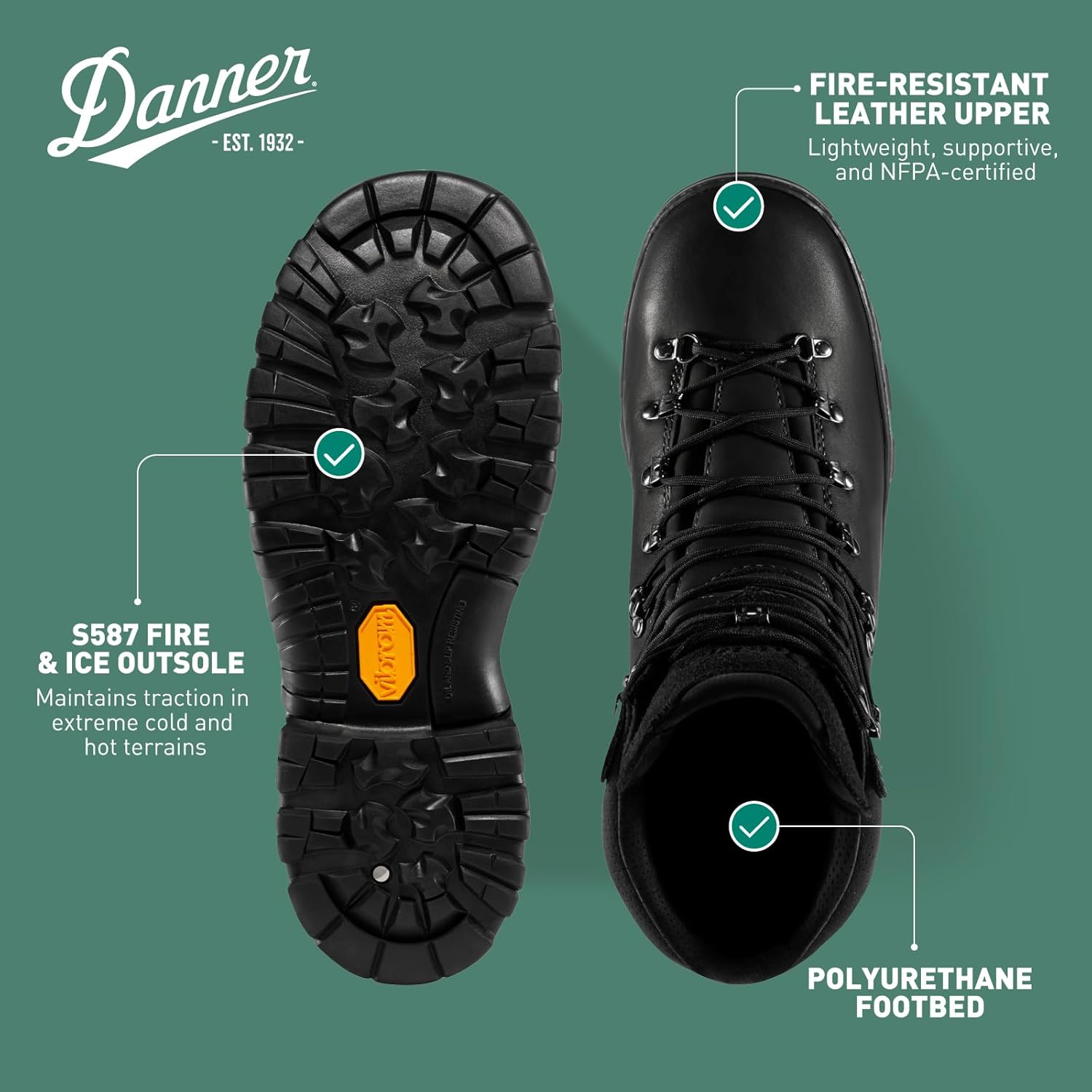 Ботинки Danner 8" Wildland Tactical для лесных пожарных, мужские и женские - из огнестойкой кожи, с электрозащитой (EH), с маслостойкой и противоскользящей подошвой, произведено в США, черный — фото 4