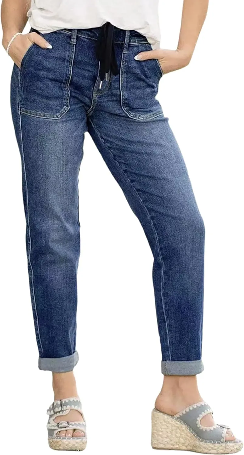 

Женские рваные джинсы boyfriend с кулиской, прямые укороченные QLAUYIOE