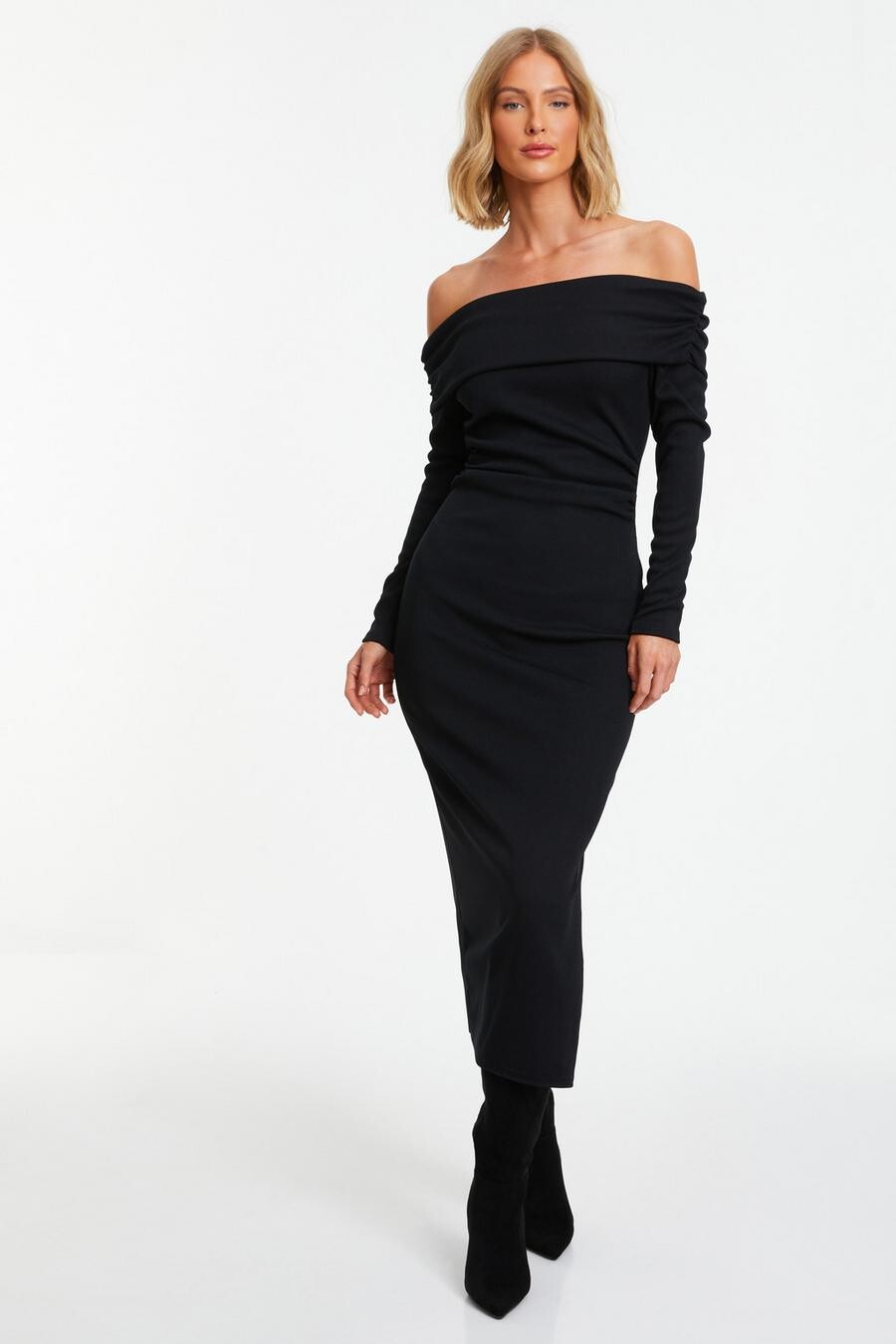 

Черное ребристое платье-миди Bardot Bodycon QUIZ Clothing