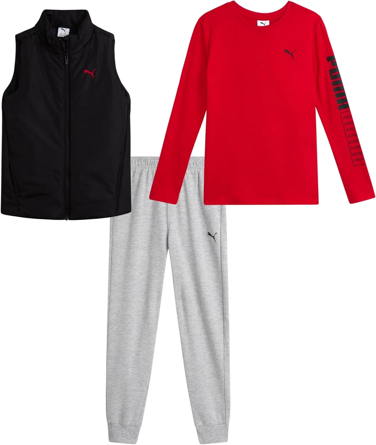 Детский спортивный костюм PUMA, 3 предмета: жилет, футболка с длинным рукавом, флисовые джоггеры, Red/Black/Grey