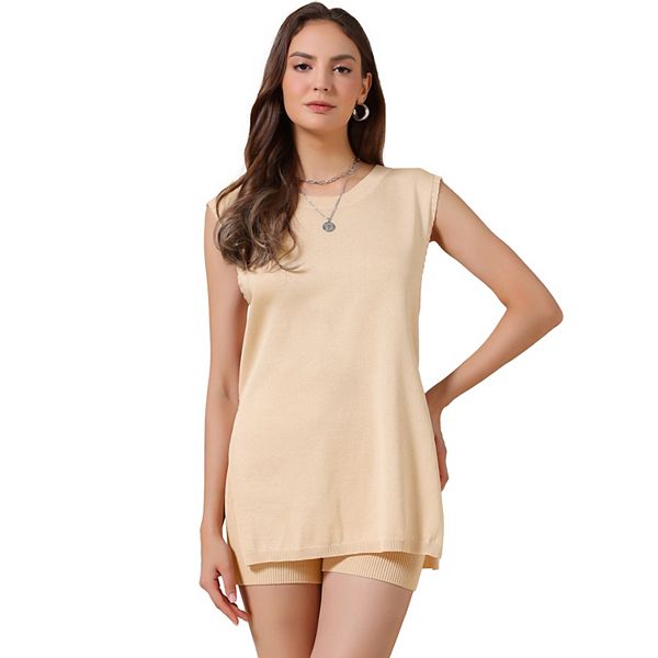 

Женский комплект из 2 предметов: топ без рукавов с круглым вырезом и шорты из ребристой трикотажной ткани Inspire Chic, Beige