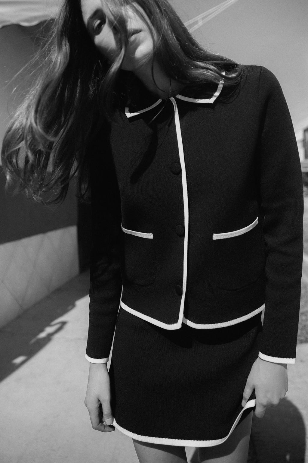 

Вязаный кардиган с контрастной отделкой ZARA, цвет Black/White