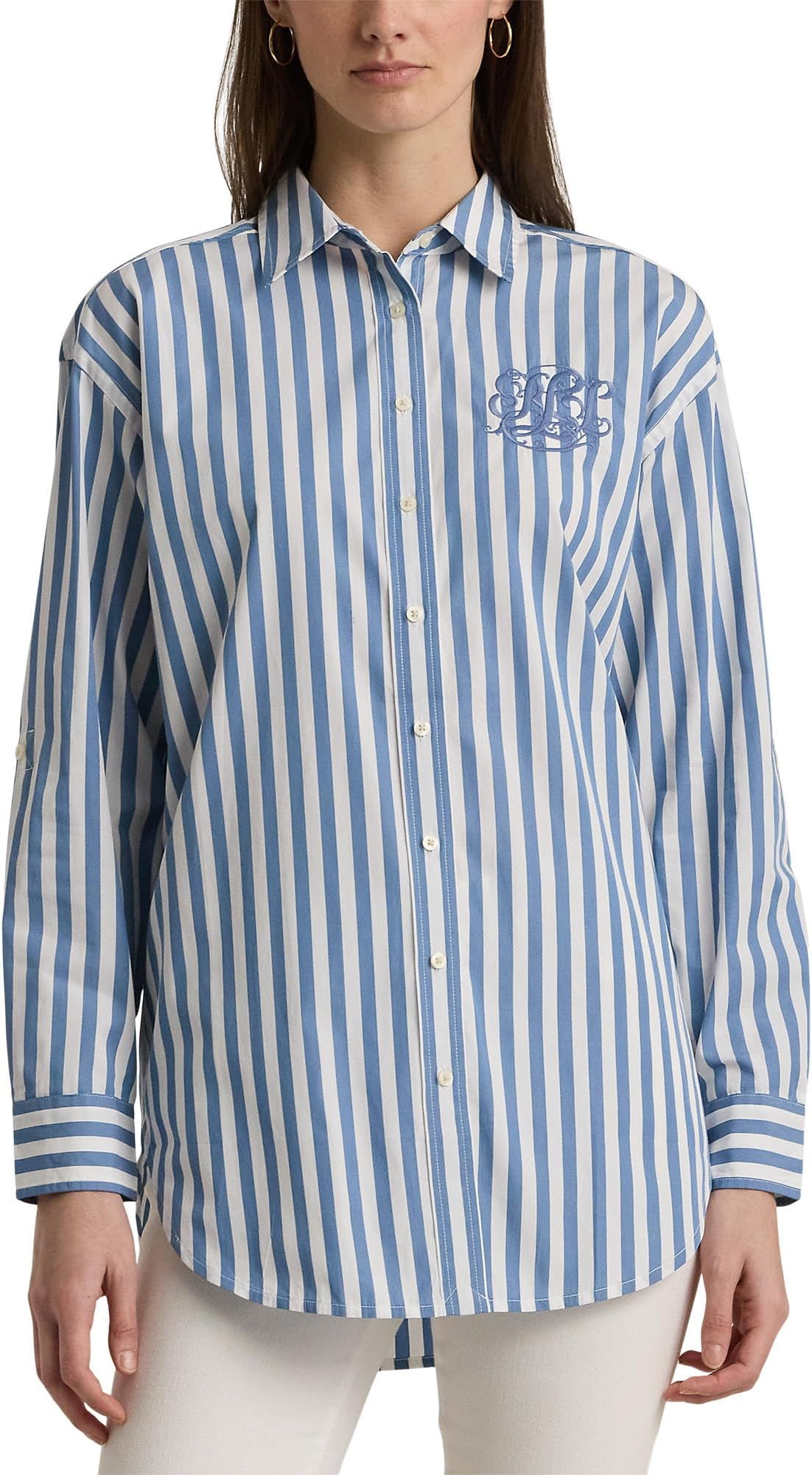 

Рубашка Lauren Ralph Lauren Oversize Striped Cotton Broadcloth Shirt, цвет Pale Azure/White